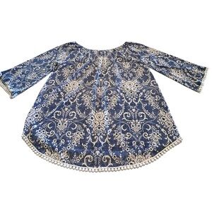 SJS Casual Floral Summer Tunic Top Womens Medium Elastic Neckline & Bell Sleeves